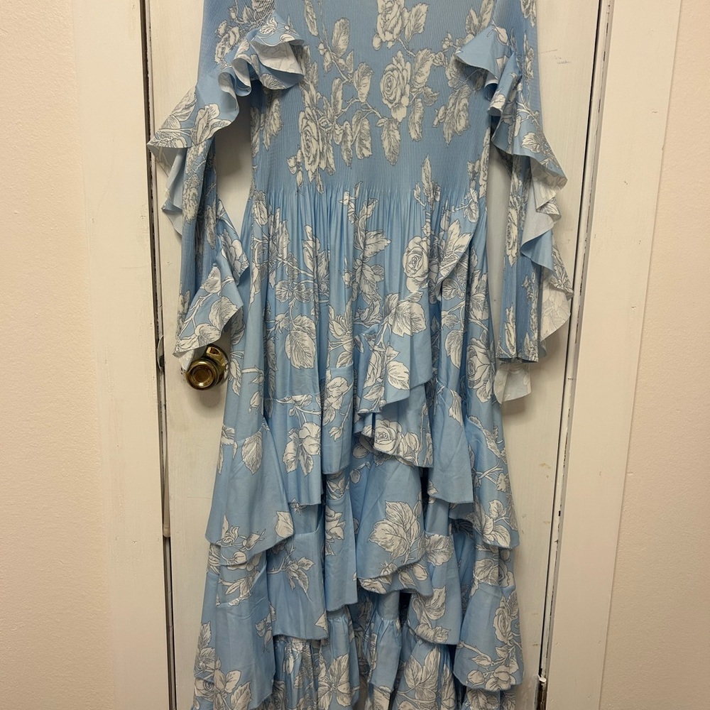 Light Blue Floral Ruffle Maxi Dress